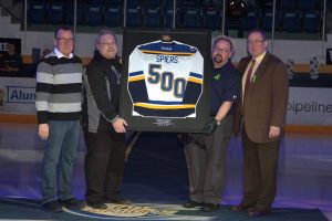Terry Connors, Gord Thibodeau, Pete Spiers and Tom Keca during a pre-game ceremony honouring Spiers for his 500th game with the team. February 3, 2017/Dan Lines. 