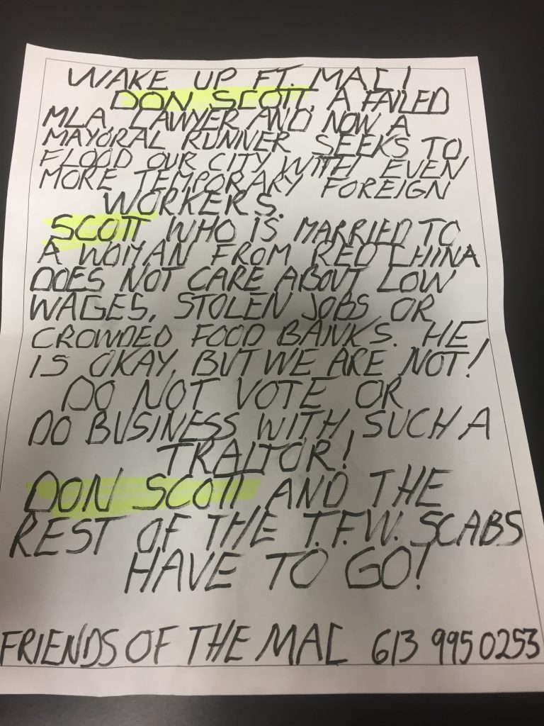 PHOTO. Supplied. This is one of the threats that local lawyer don Scott received after her announced that he was running for mayor in the 2017 Municipal election. 